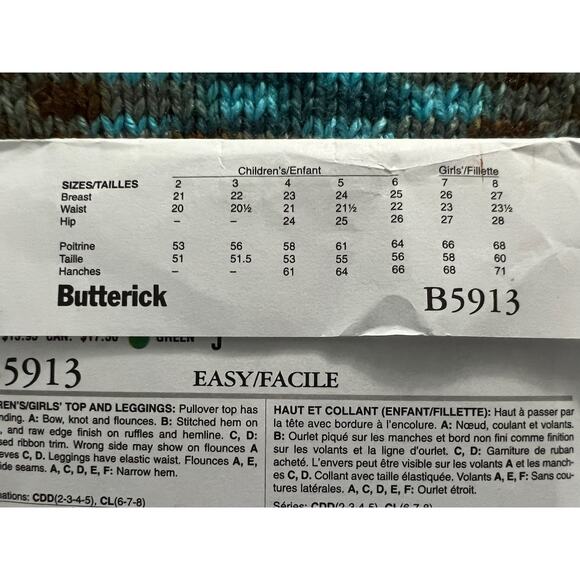 Butterick 5913 toddler girls top swallow tail hem leggings size 2 3 4 5 - Picture 7 of 7